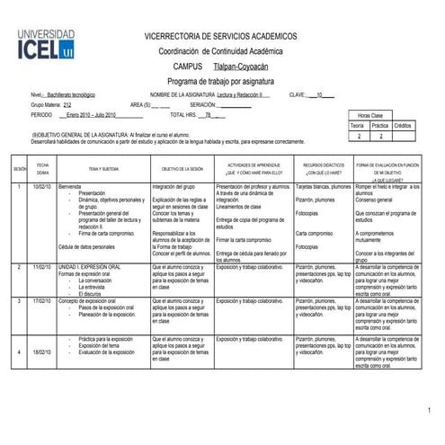 Formato Avance Programático Semestral 2010-1, Lec  y Red  II, 212