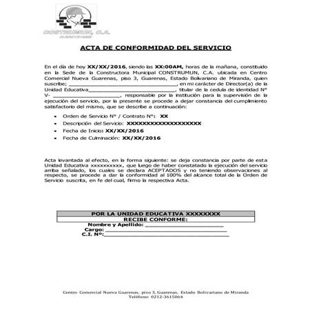 Formato de acta de conformidad del servicio