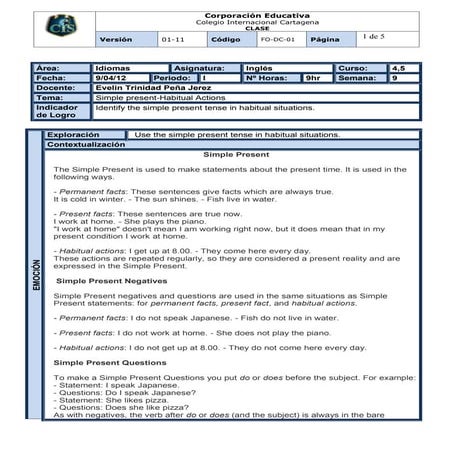 Formato de clase 4y 5 simple present