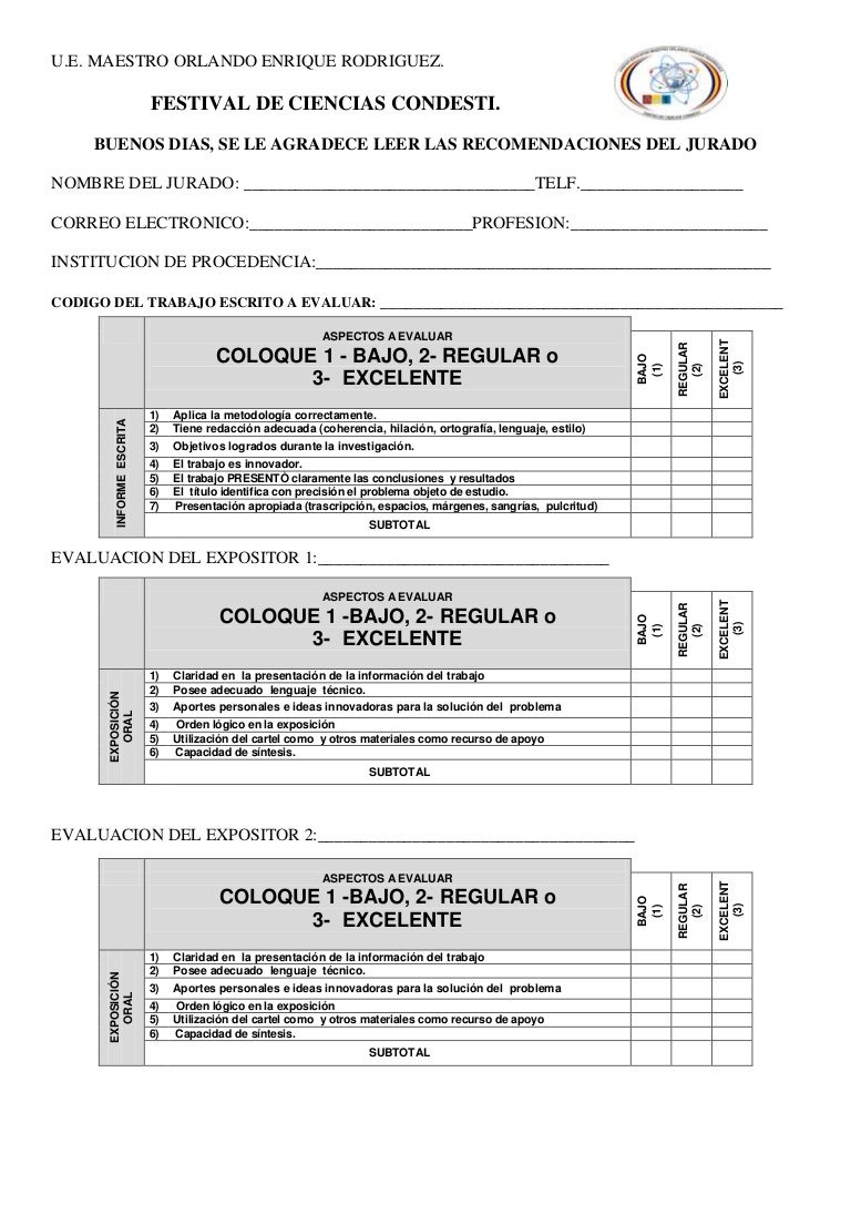 Formato de evaluacion oral y escrita festival para jurados CONDESTI