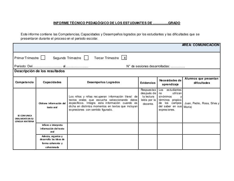 Formato Del Informe Técnico Pedagógico De Los Estudiantes