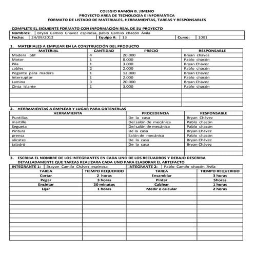 Formato de listado de materiales, herramientas, tareas y responsables ...