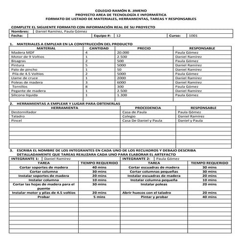 Formato de listado de materiales, herramientas, tareas y responsables ...