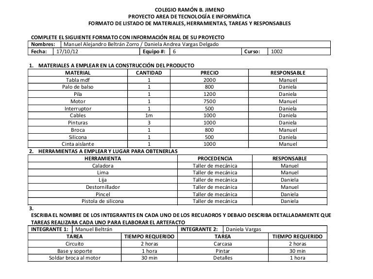 Formato de materiales herramientas