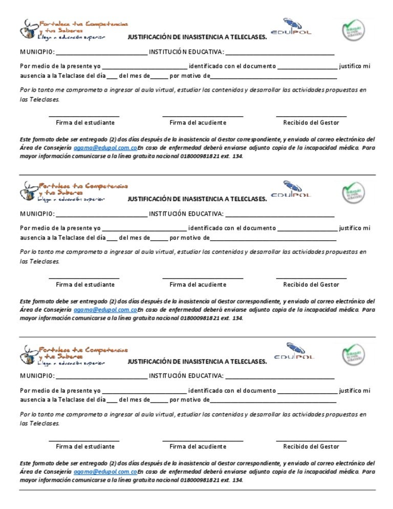 Formato excusa estudiantes 10 edupol