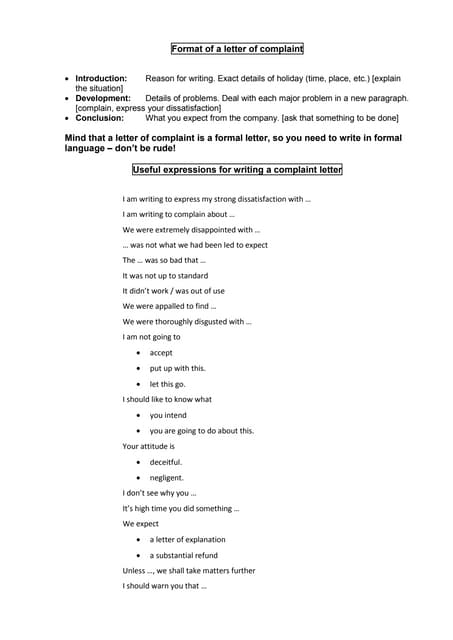 Format of a letter of complaint published