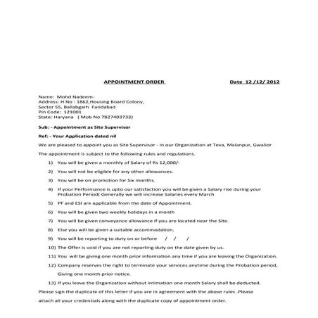 Format of appointment order | DOC