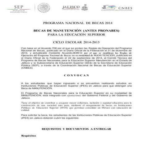 Convocatoria programa nacional de becas manutención 2014
