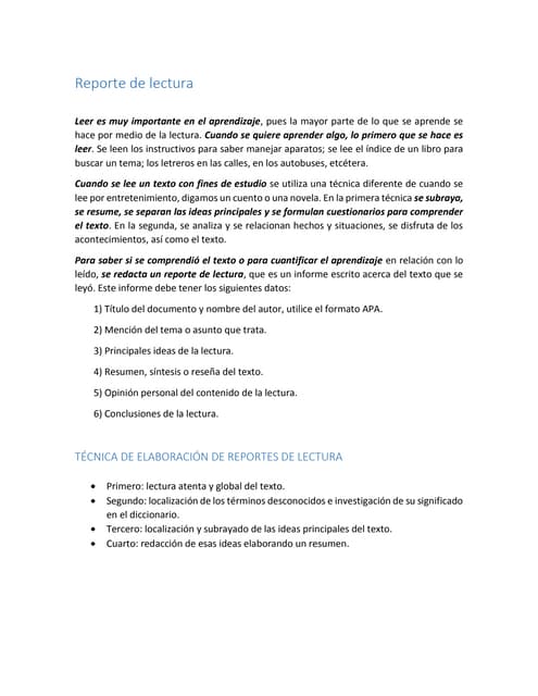formato para el reporte de lectura