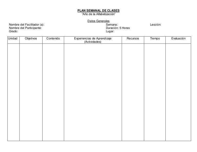 Formato plan semanal de clases