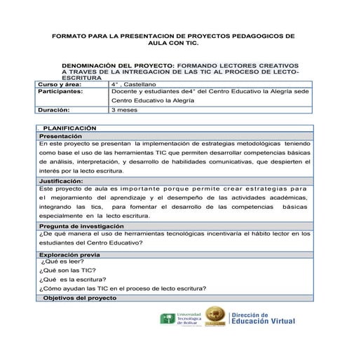 Formato para proyecto de aula. tic idaly quitian | PDF