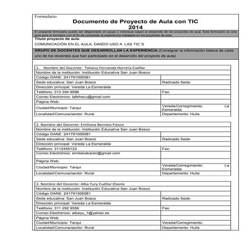 FORMATO PROYECTO DE AULA TIC'S | PDF