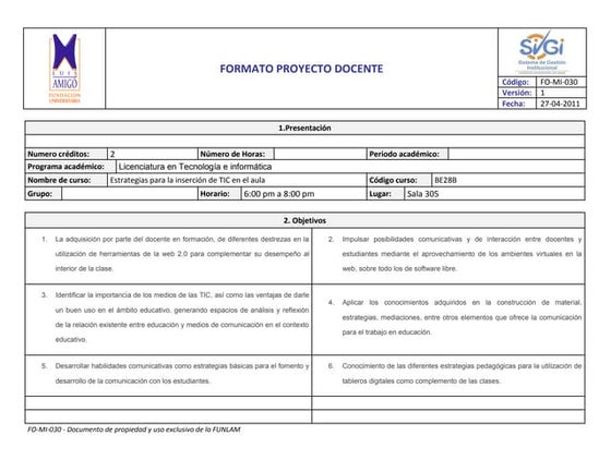 Formato proyecto docente inserciòn de tic