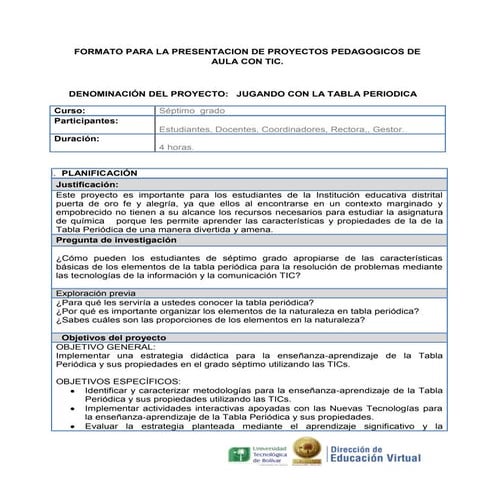 Formato proyectos de aula. jugando con la tabla periodica