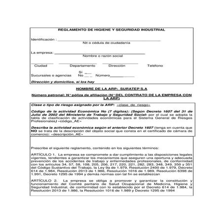 Formato reglamento Higiene y Seguridad