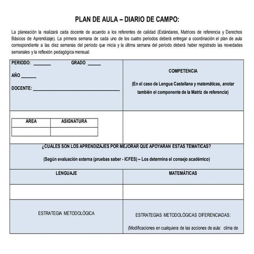 Formatos para componentes curriculares san pablo 2016 plan de aula   diario d...