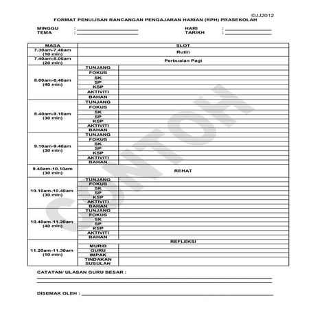 FORMAT PENULISAN RANCANGAN PENGAJARAN HARIAN (RPH) PRASEKOLAH 2012 | DOCX