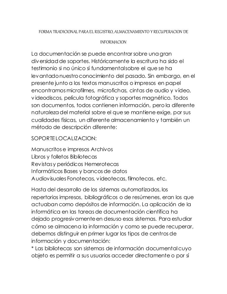 Forma tradicional para el registro,almacenamiento y recuperacion de i…