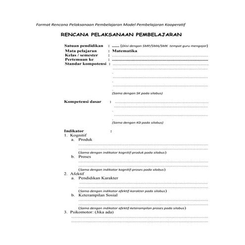 Format rpp kooperatif berkarakter