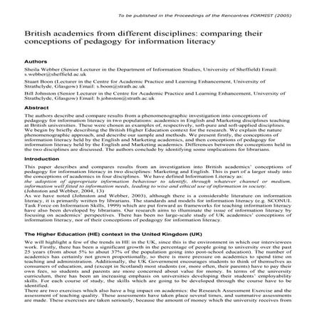 British academics from different disciplines: comparing their conceptions of pedagogy for information literacy