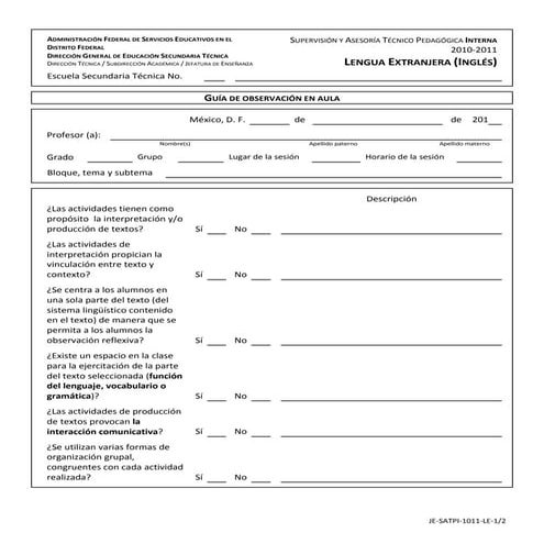 Guía d eobservación en aula. Lengua Extranjera. Inglés