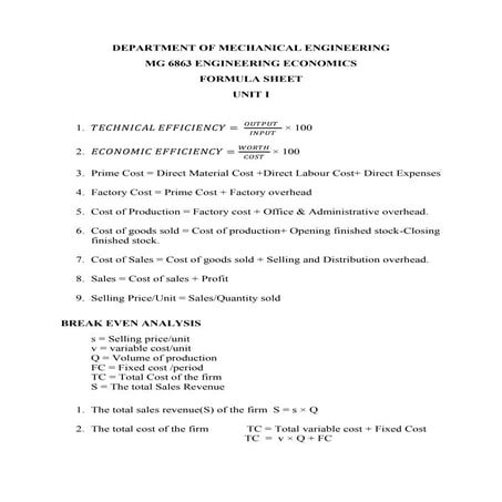MG 6863  FORMULA SHEET ENGINEERING ECONOMICS
