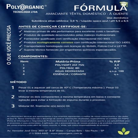 Fórmula Amaciante Têxtil Doméstico à Quente