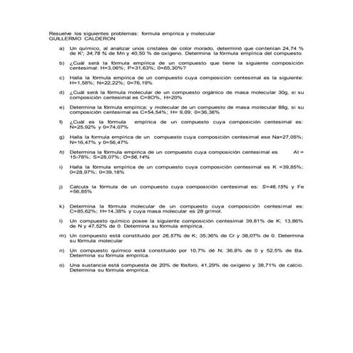 Ejercicios fórmula empírica y molecular | DOCX
