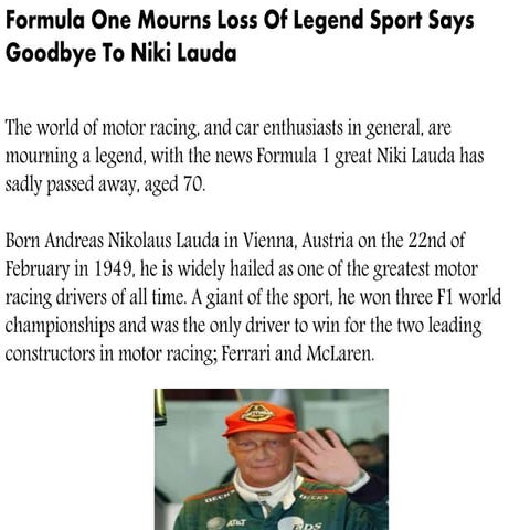 Formula One Mourns Loss Of Legend Sport Says Goodbye To Niki Lauda | PPTX