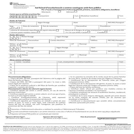 Formulari de sol·licitud d’escolarització a centres sostinguts amb fons públics