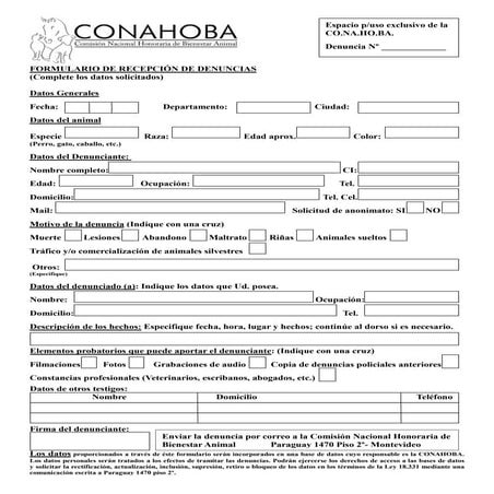 Formulario de denuncia CONAHOBA Maltrato Animal Uruguay