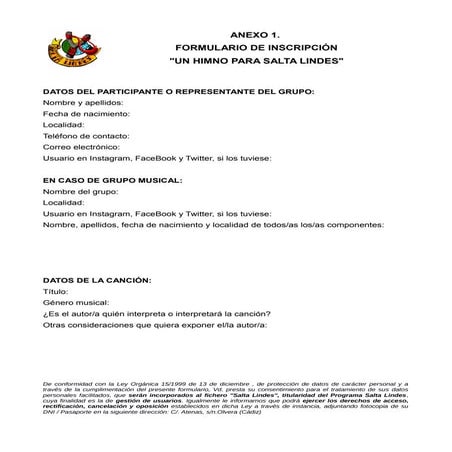 Formulario de inscripcion. un himno para salta lindes. anexo 1