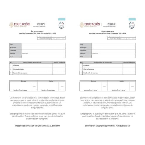 Formulario de recibo Conafe parala enseñamnza | PDF