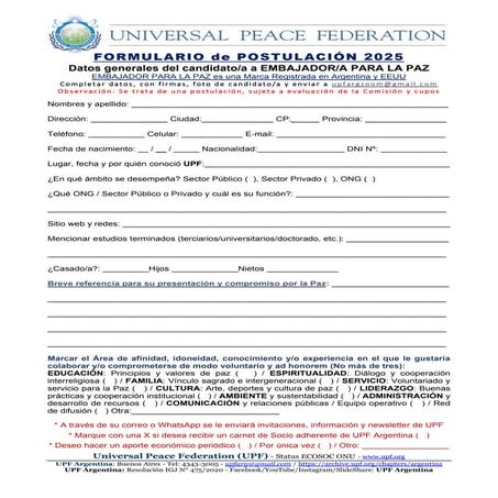 Formulario postulación Embajadores para la Paz 2025 - UPF Argentina