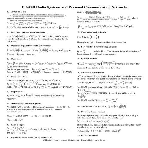 EE402B Radio Systems and Personal Communication Networks-Formula sheet