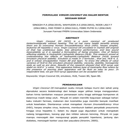 Formulasi virgin coconut oil dalam bentuk