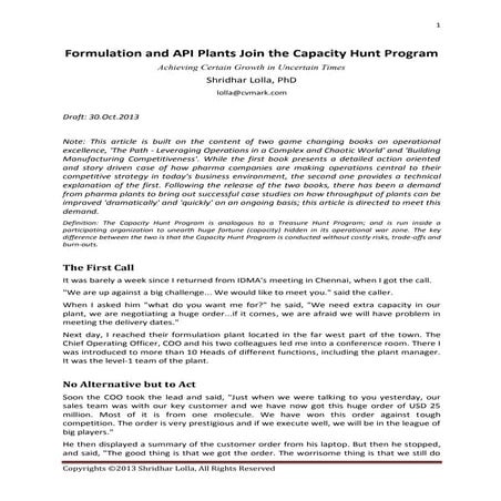 Formulation and api plants join to deliver benefits of capacity hunt program