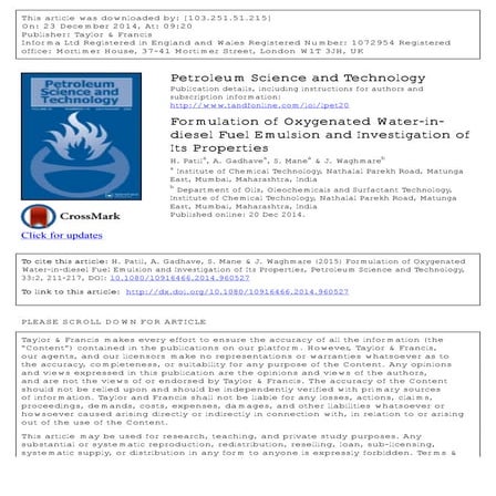 Formulation of oxygenated water-in-diesel fuel emulsion and investigation of ...