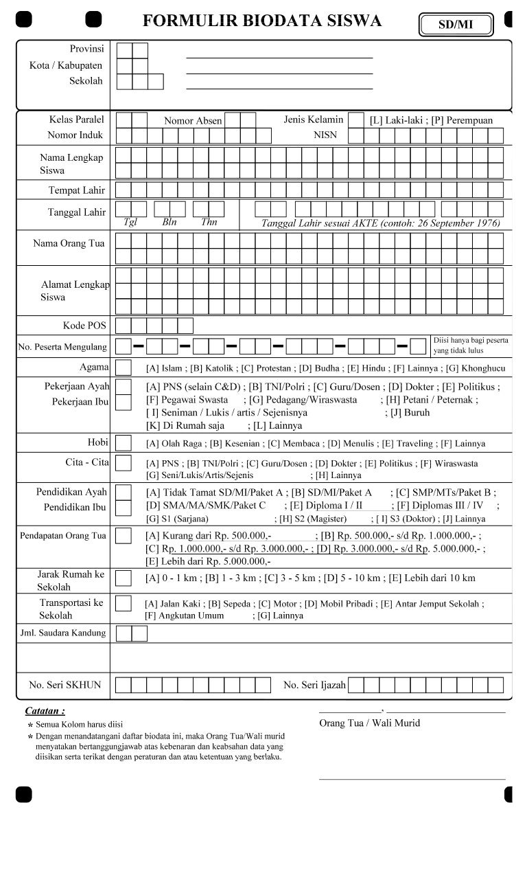 Formulir biodata siswa un 2014