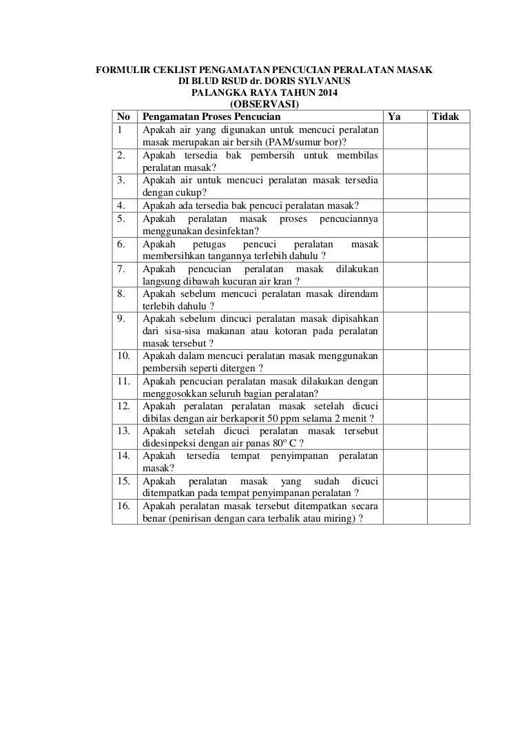 Formulir ceklist pengamatan pencucian peralatan masak