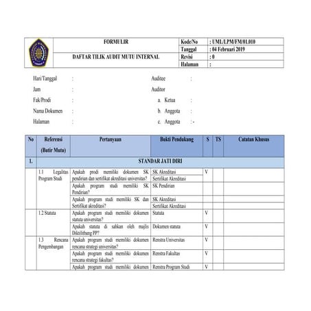 Comprehensive Internal Quality Audit Checklist for Academic Programs | DOC