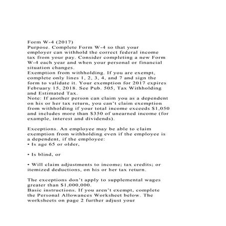 Form W-4 (2017)Purpose. Complete Form W-4 so that your emp.docx