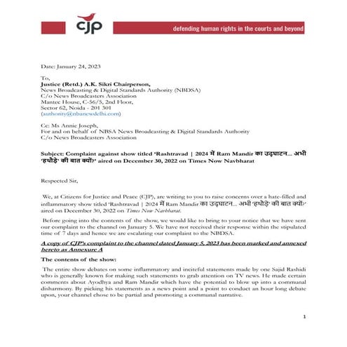 230124 CJP Complaint to NBDSA Times Now Navbharat Ram Mandir Show.pdf