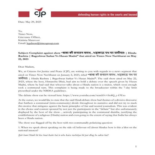 For Website 230529 CJP Complaint to Times Now Navbharat Madni Speech.pdf