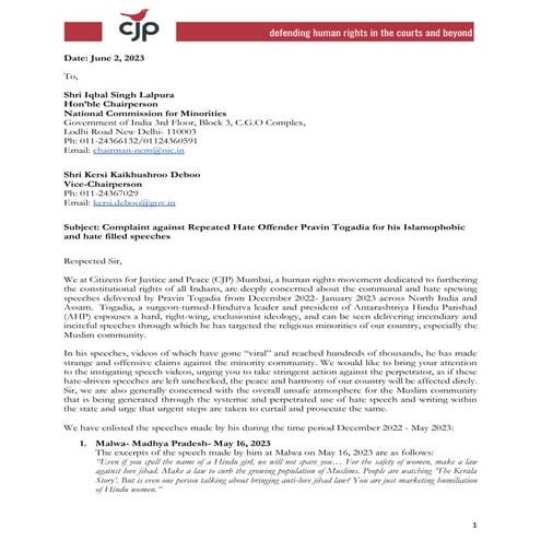 For Website 230602 CJP - NCM Complaint against Pravin Togadia (1).pdf