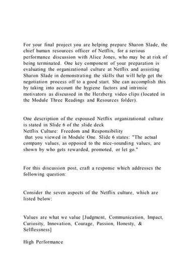 For your final project you are helping prepare Sharon Slade, the