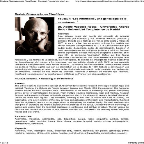 Foucault; 'los anormales', una genealogía de lo monstruoso dr. adolfo vásquez rocca en revista observaciones filosóficas nº 11