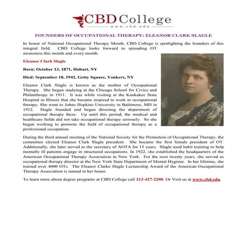 FOUNDERS OF OCCUPATIONAL THERAPY: ELEANOR CLARK SLAGLE | PDF