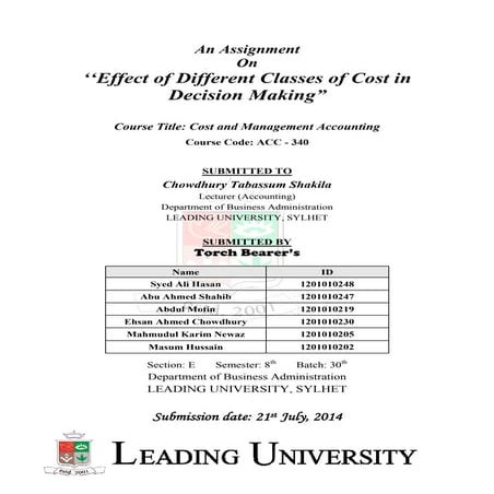 Effect of Different Classes of Cost in Decision Making