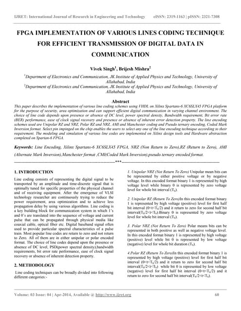Fpga implementation of various lines coding technique for efficient transmiss...